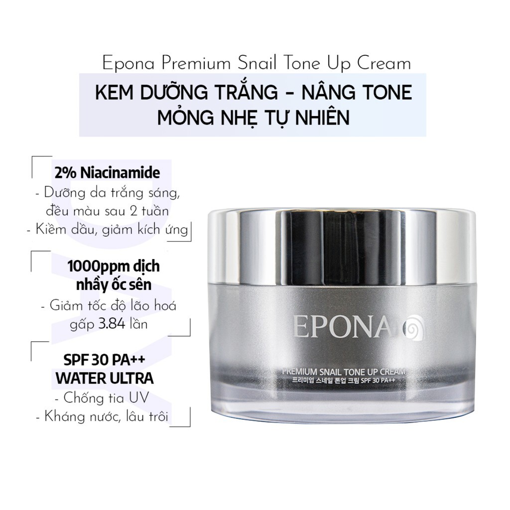 Kem Dưỡng Trắng Nâng Tone Mỏng Nhẹ Ngăn Lão Hóa Epona Premium Snail Tone Up Cream SPF 30 PA++ 50ml